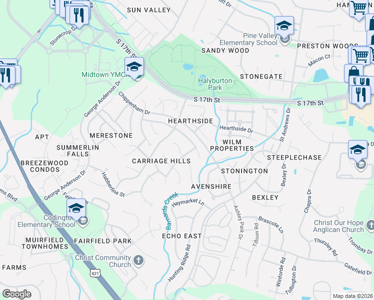 map of restaurants, bars, coffee shops, grocery stores, and more near 1401 Yardley Lane in Wilmington