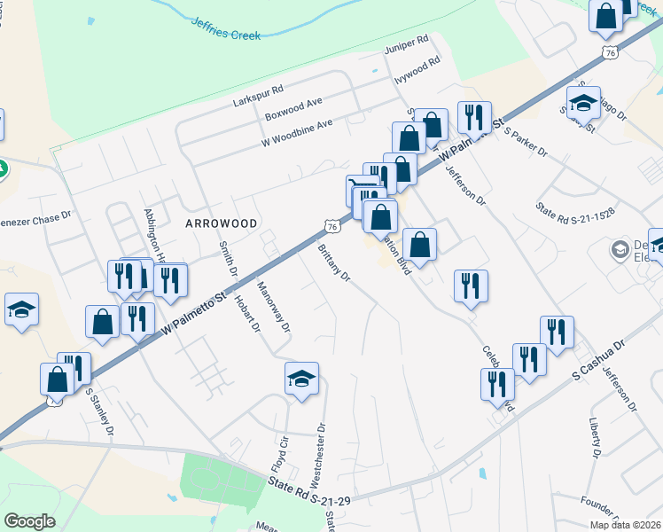 map of restaurants, bars, coffee shops, grocery stores, and more near 1219 Brittany Drive in Florence