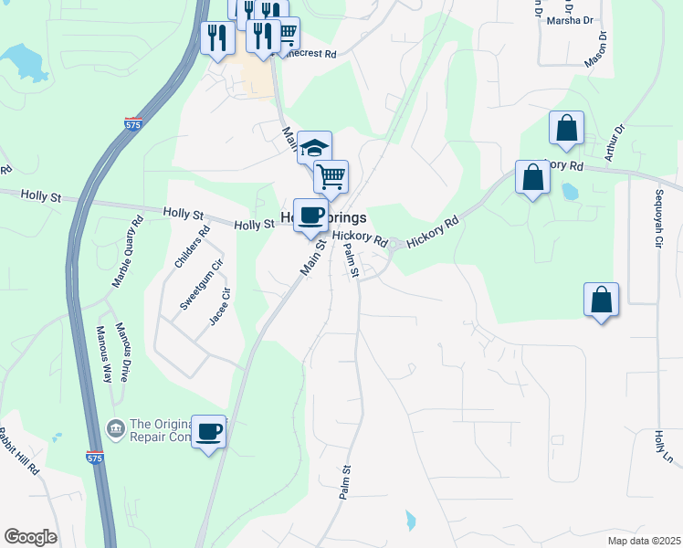 map of restaurants, bars, coffee shops, grocery stores, and more near 206 Grady Burrell Drive in Holly Springs