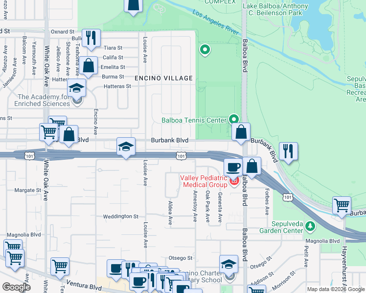 map of restaurants, bars, coffee shops, grocery stores, and more near 17150 Burbank Boulevard in Los Angeles
