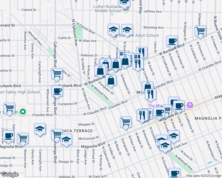 map of restaurants, bars, coffee shops, grocery stores, and more near 1305 North Pass Avenue in Burbank