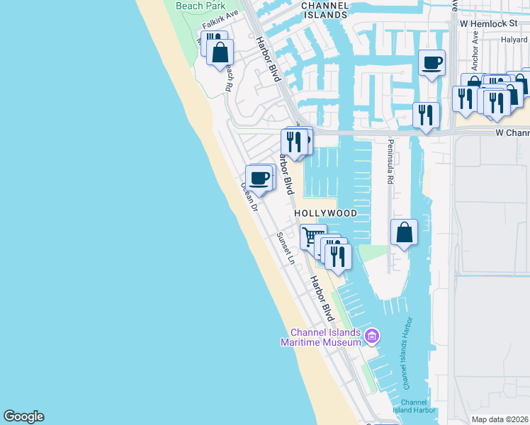 map of restaurants, bars, coffee shops, grocery stores, and more near 3945 Ocean Drive in Oxnard