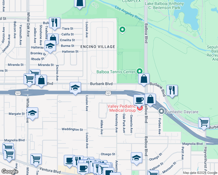 map of restaurants, bars, coffee shops, grocery stores, and more near 17106 Burbank Boulevard in Los Angeles