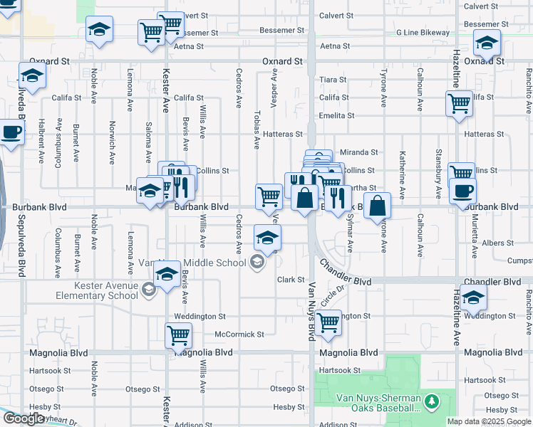 map of restaurants, bars, coffee shops, grocery stores, and more near 14614 Burbank Boulevard in Los Angeles