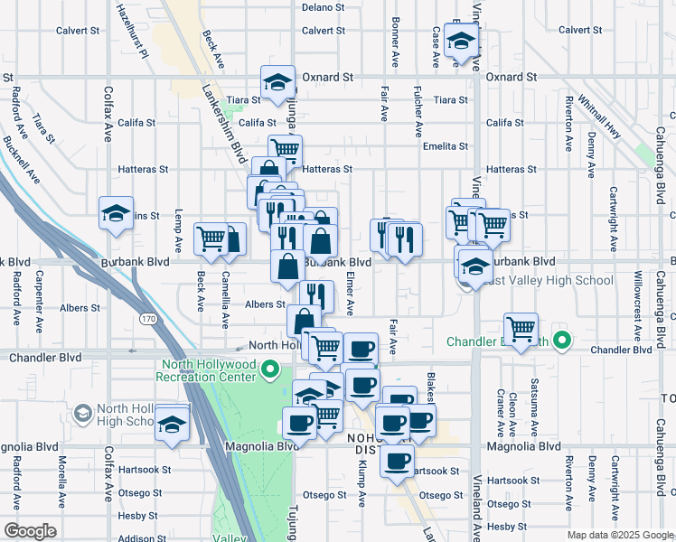 map of restaurants, bars, coffee shops, grocery stores, and more near 11316 Burbank Boulevard in Los Angeles