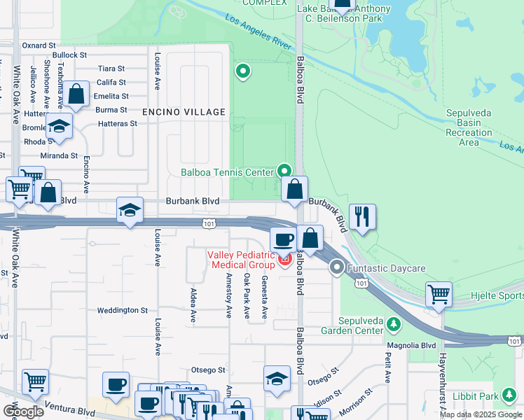 map of restaurants, bars, coffee shops, grocery stores, and more near 17000 Burbank Boulevard in Los Angeles