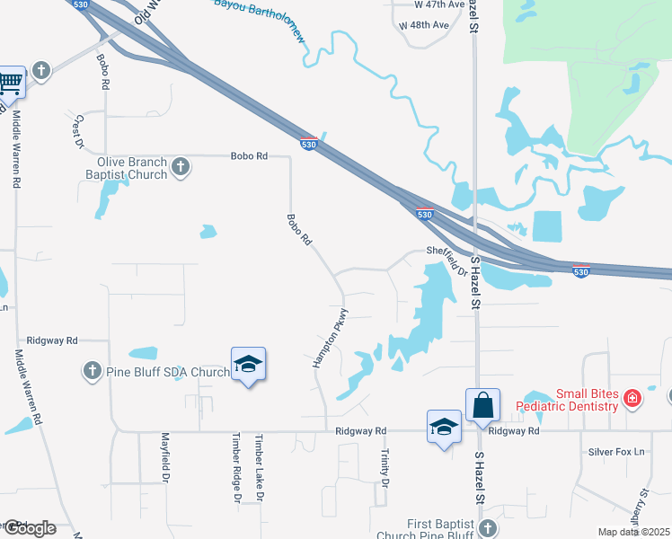 map of restaurants, bars, coffee shops, grocery stores, and more near 5607 Hampton Parkway in Pine Bluff