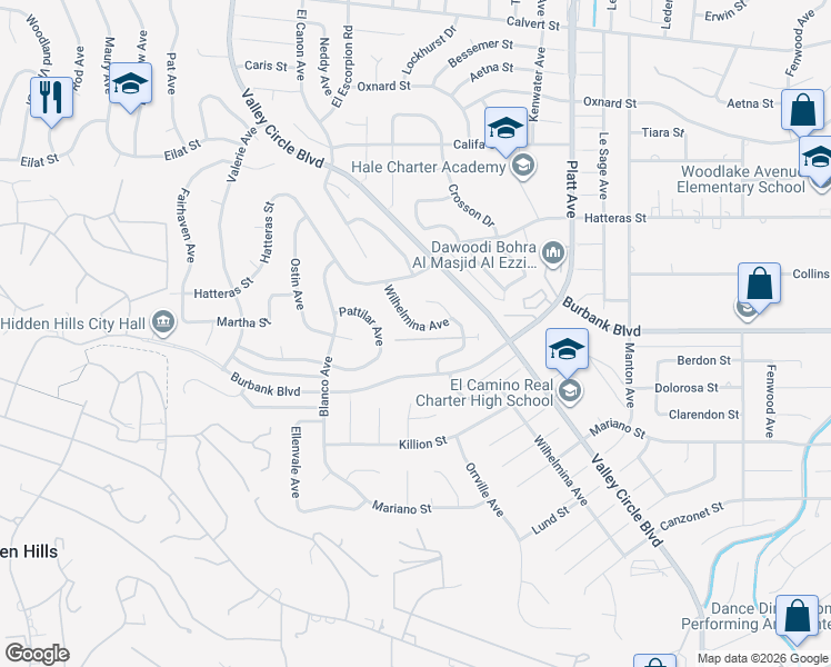 map of restaurants, bars, coffee shops, grocery stores, and more near 5625 Wilhelmina Avenue in Los Angeles