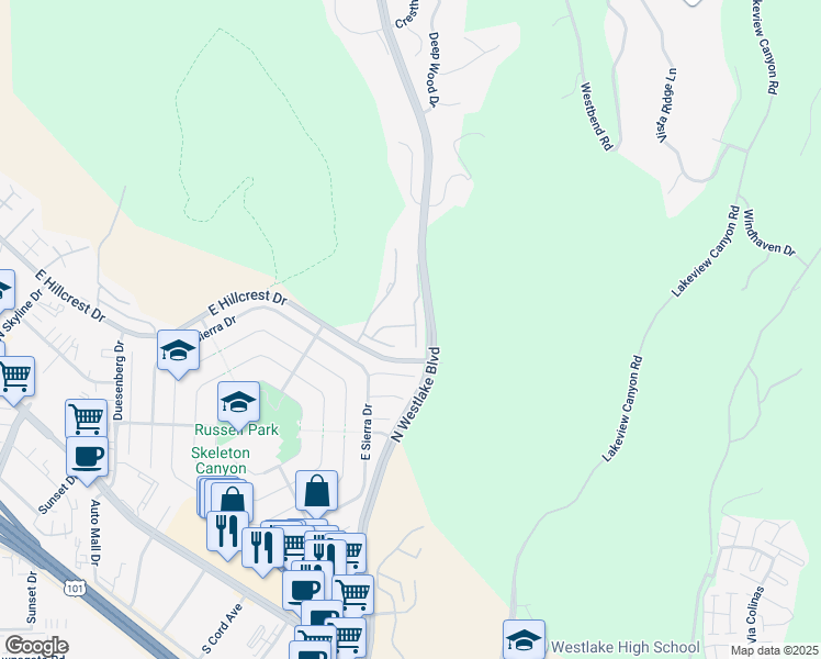 map of restaurants, bars, coffee shops, grocery stores, and more near 655 Arroyo Oaks Drive in Westlake Village