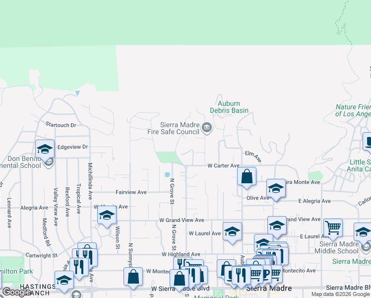 map of restaurants, bars, coffee shops, grocery stores, and more near 691 Chaparral Road in Sierra Madre