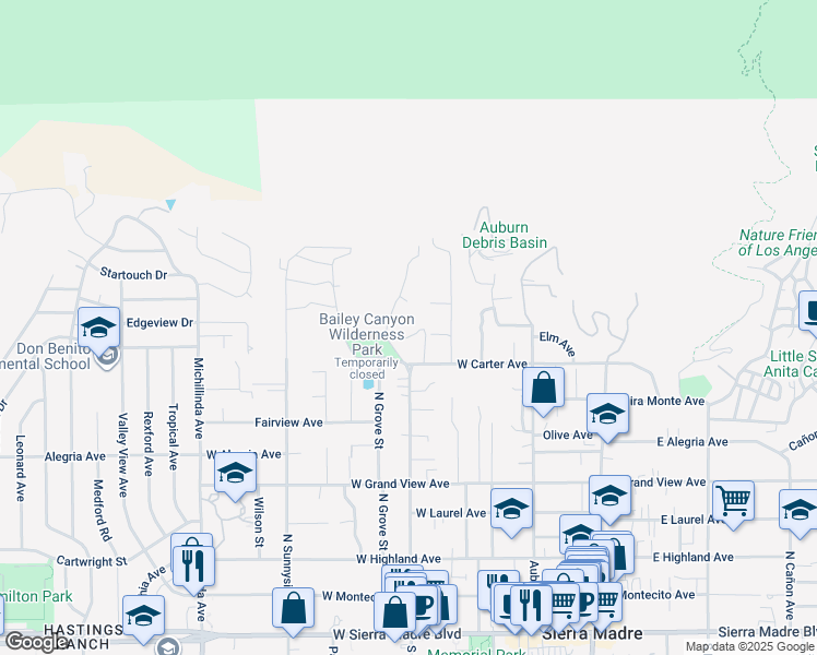 map of restaurants, bars, coffee shops, grocery stores, and more near 660 Chaparral Road in Sierra Madre