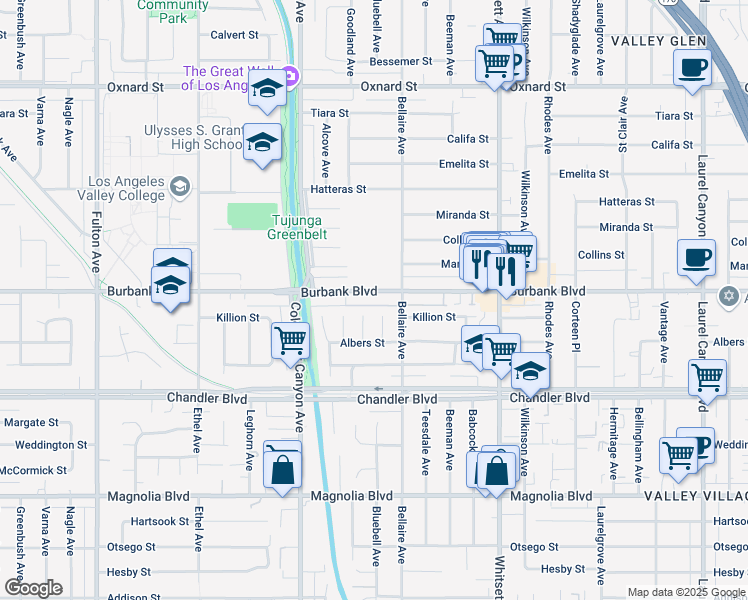 map of restaurants, bars, coffee shops, grocery stores, and more near 12720 Burbank Boulevard in Los Angeles
