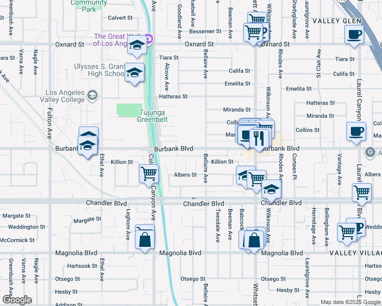 map of restaurants, bars, coffee shops, grocery stores, and more near 12720 Burbank Boulevard in Los Angeles