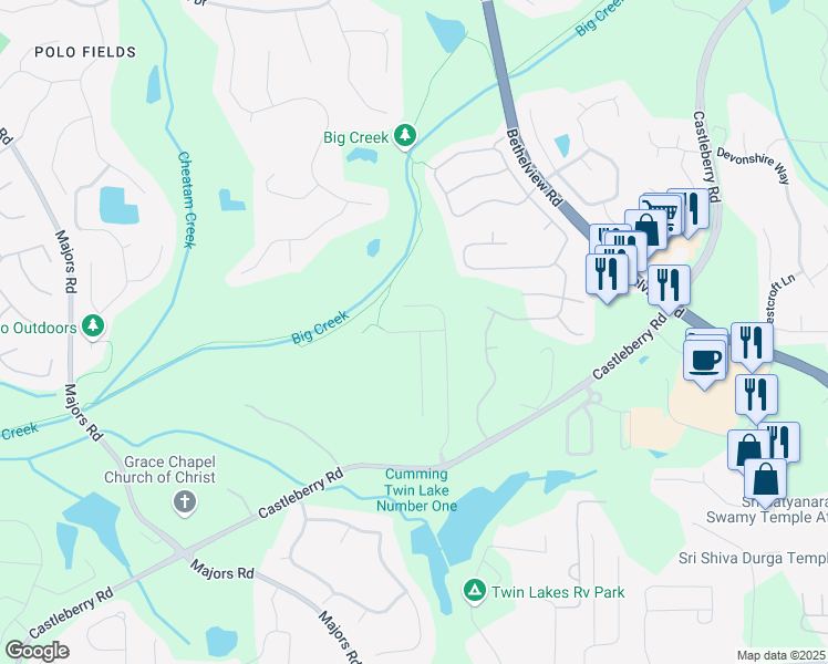 map of restaurants, bars, coffee shops, grocery stores, and more near 3451 Allison Road in Cumming