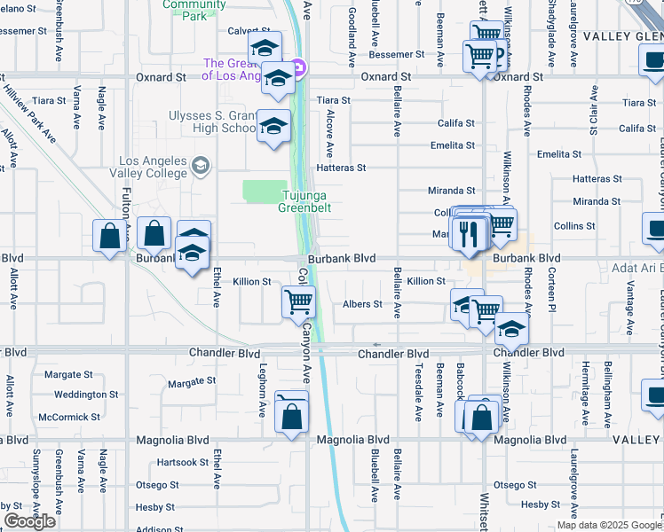 map of restaurants, bars, coffee shops, grocery stores, and more near 12830 Burbank Boulevard in Los Angeles
