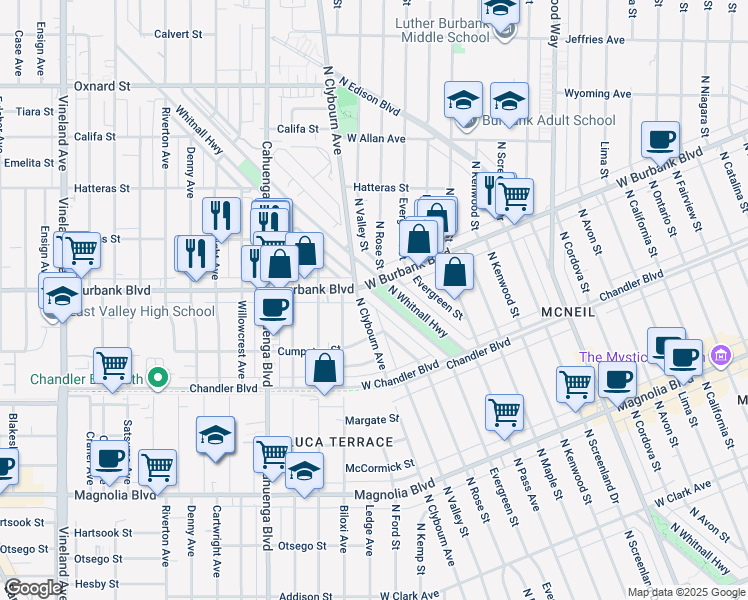 map of restaurants, bars, coffee shops, grocery stores, and more near 1343 North Whitnall Highway in Burbank
