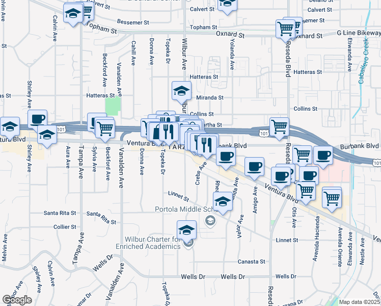 map of restaurants, bars, coffee shops, grocery stores, and more near 5511 Wilbur Avenue in Los Angeles