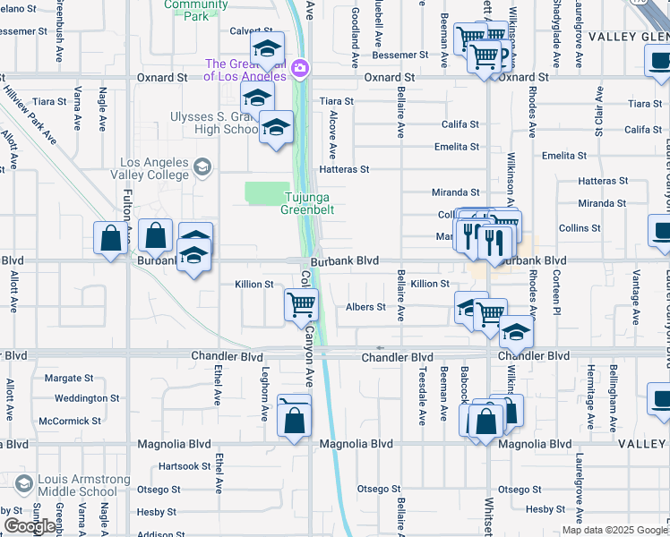 map of restaurants, bars, coffee shops, grocery stores, and more near 12830 Burbank Boulevard in Los Angeles