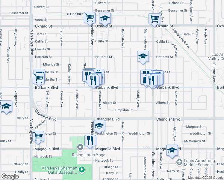 map of restaurants, bars, coffee shops, grocery stores, and more near 13930 Burbank Boulevard in Los Angeles