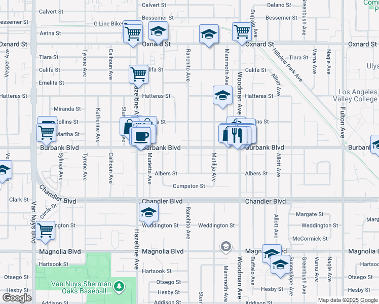 map of restaurants, bars, coffee shops, grocery stores, and more near 5538 Ranchito Avenue in Los Angeles