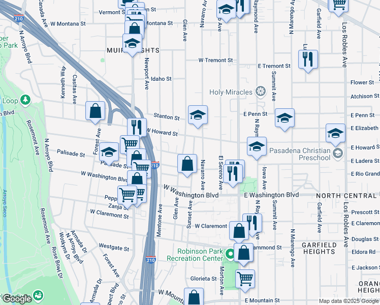 map of restaurants, bars, coffee shops, grocery stores, and more near 1515 Sunset Avenue in Pasadena