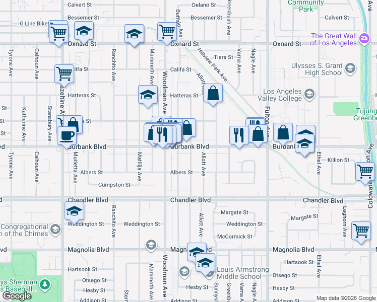 map of restaurants, bars, coffee shops, grocery stores, and more near 5539 Ventura Canyon Avenue in Los Angeles