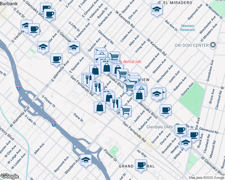 map of restaurants, bars, coffee shops, grocery stores, and more near 1055 Thompson Avenue in Glendale