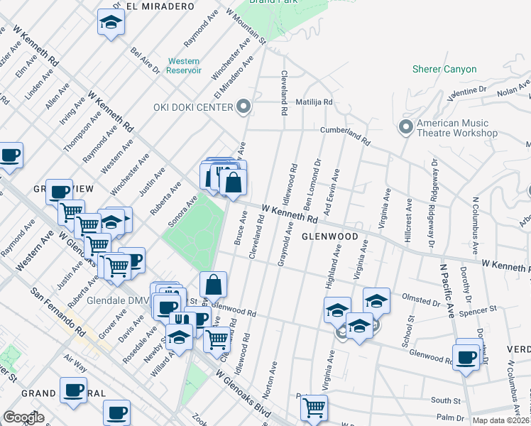 map of restaurants, bars, coffee shops, grocery stores, and more near 932 West Kenneth Road in Glendale