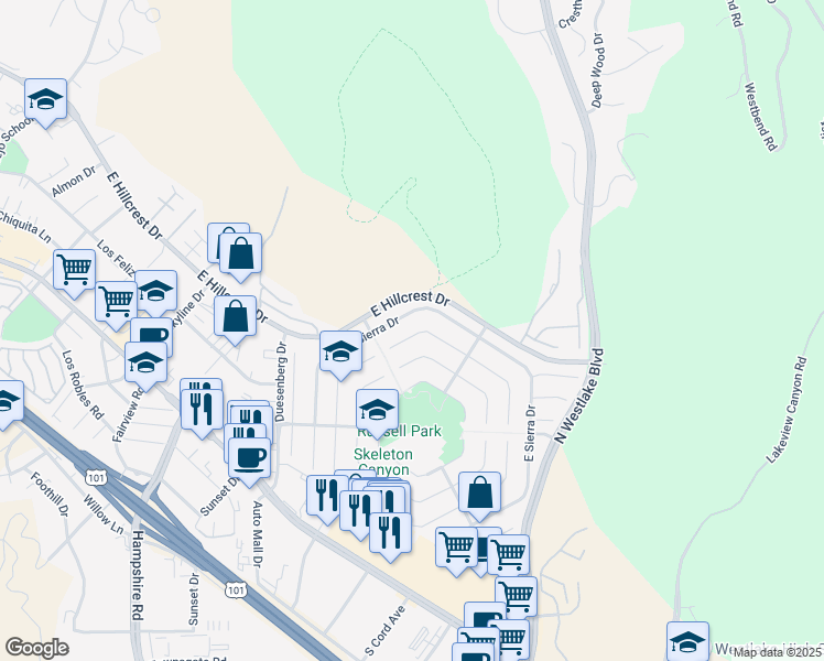 map of restaurants, bars, coffee shops, grocery stores, and more near 3166 West Black Hills Court in Thousand Oaks