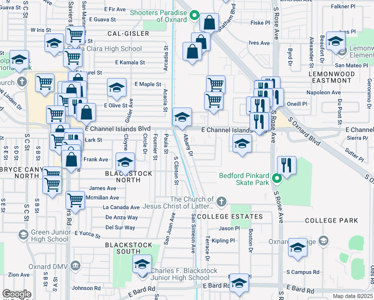 map of restaurants, bars, coffee shops, grocery stores, and more near 3011 Albany Drive in Oxnard