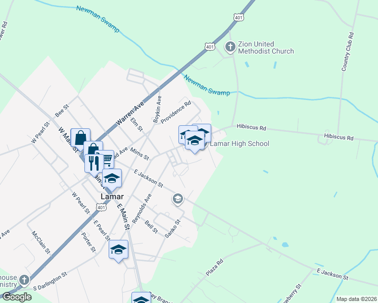map of restaurants, bars, coffee shops, grocery stores, and more near 214 North Darlington Avenue in Lamar