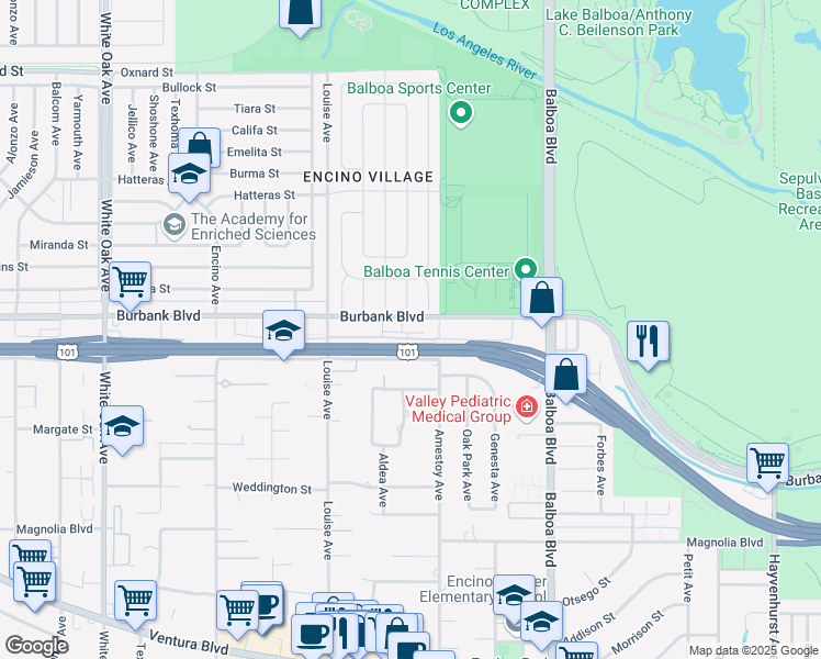 map of restaurants, bars, coffee shops, grocery stores, and more near 17140 Burbank Boulevard in Los Angeles