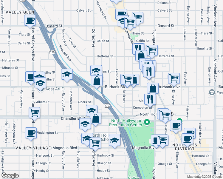 map of restaurants, bars, coffee shops, grocery stores, and more near 11616 Burbank Boulevard in Los Angeles