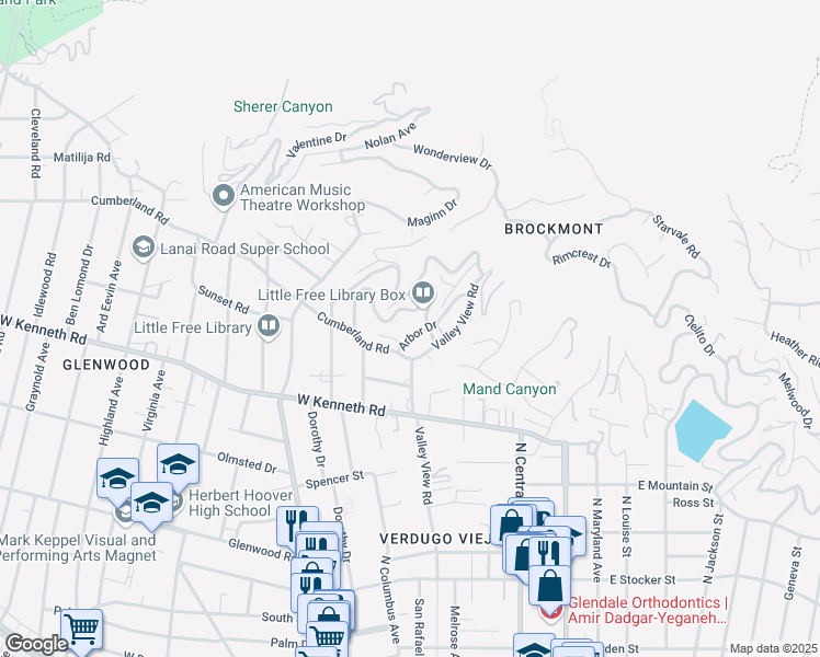 map of restaurants, bars, coffee shops, grocery stores, and more near 1621 Arbor Drive in Glendale