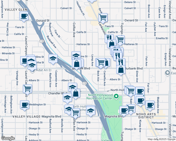 map of restaurants, bars, coffee shops, grocery stores, and more near 11616 Burbank Boulevard in Los Angeles