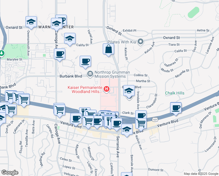 map of restaurants, bars, coffee shops, grocery stores, and more near 5601 De Soto Avenue in Los Angeles