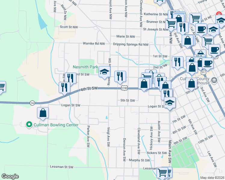 map of restaurants, bars, coffee shops, grocery stores, and more near 405 Morgan Avenue Southwest in Cullman