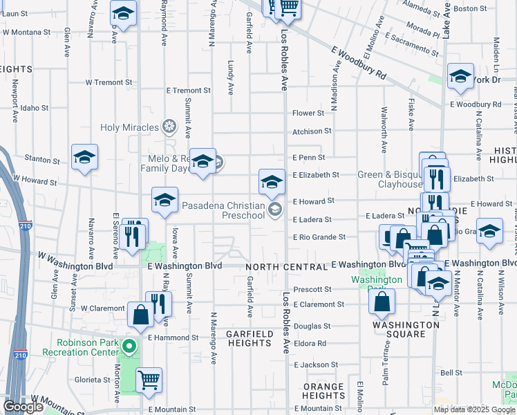 map of restaurants, bars, coffee shops, grocery stores, and more near 1492 Garfield Avenue in Pasadena