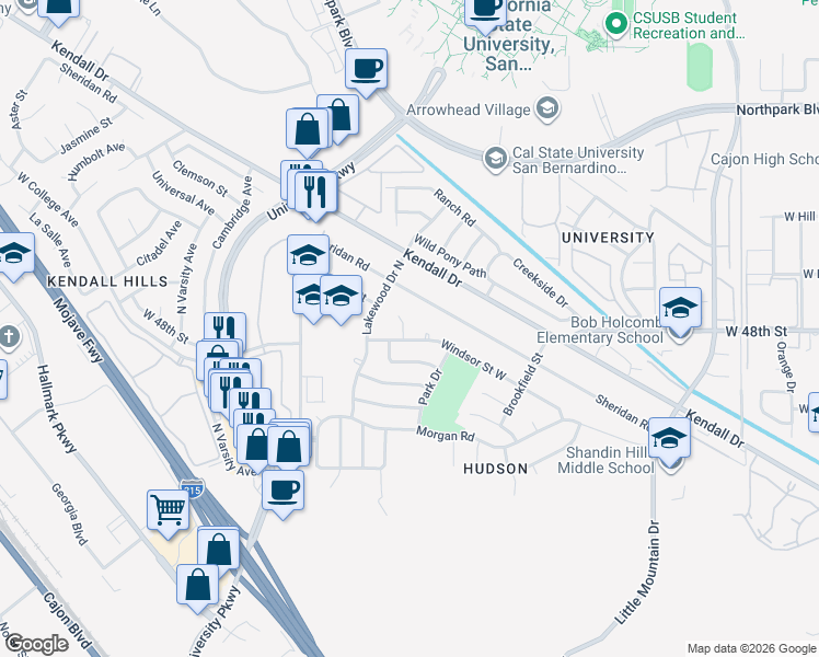 map of restaurants, bars, coffee shops, grocery stores, and more near 4729 Windsor Court in San Bernardino