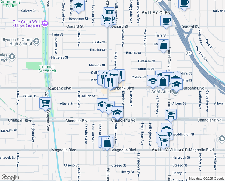 map of restaurants, bars, coffee shops, grocery stores, and more near 12427 Killion Street in Los Angeles