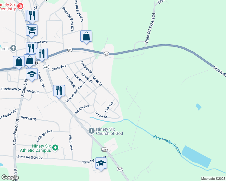 map of restaurants, bars, coffee shops, grocery stores, and more near 217 Duke Street in Ninety Six