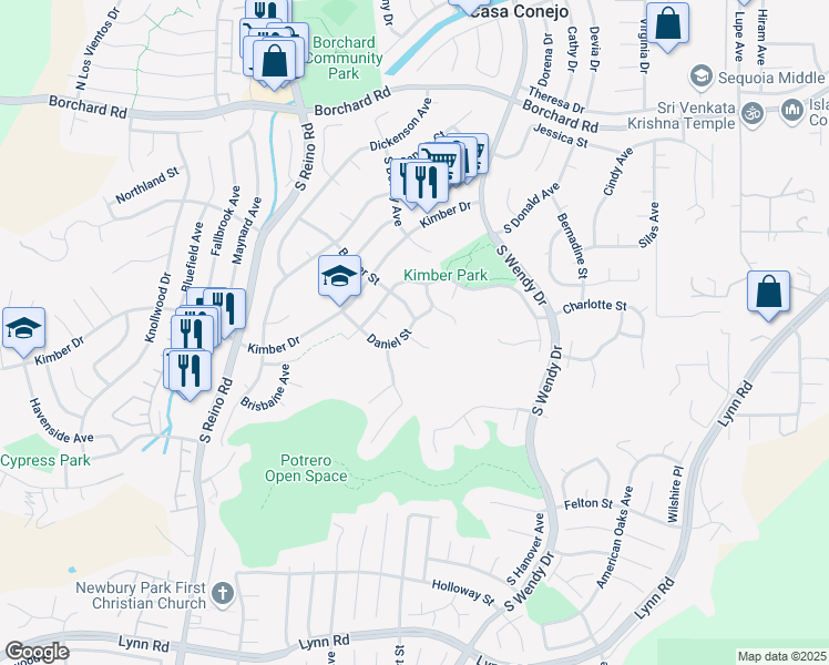 map of restaurants, bars, coffee shops, grocery stores, and more near 358 Mooncrest Court in Thousand Oaks