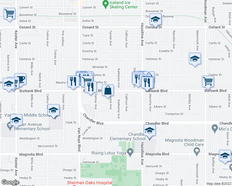 map of restaurants, bars, coffee shops, grocery stores, and more near 5496 Katherine Avenue in Los Angeles