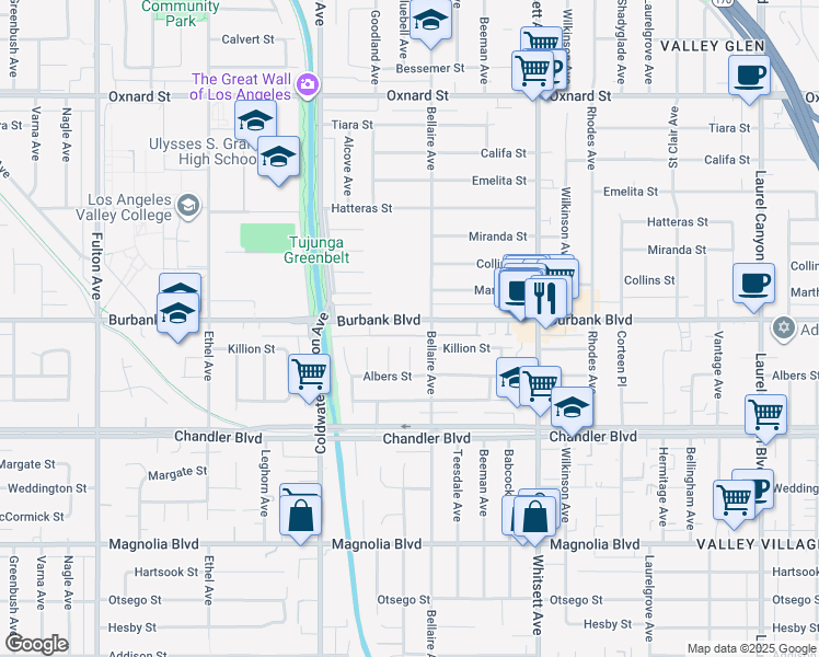 map of restaurants, bars, coffee shops, grocery stores, and more near 12720 Burbank Boulevard in Los Angeles