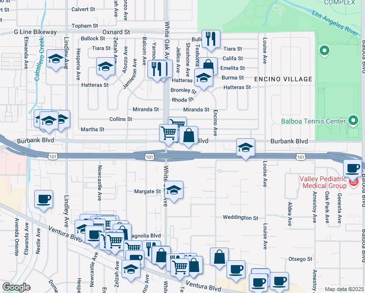 map of restaurants, bars, coffee shops, grocery stores, and more near 17600 Burbank Boulevard in Los Angeles