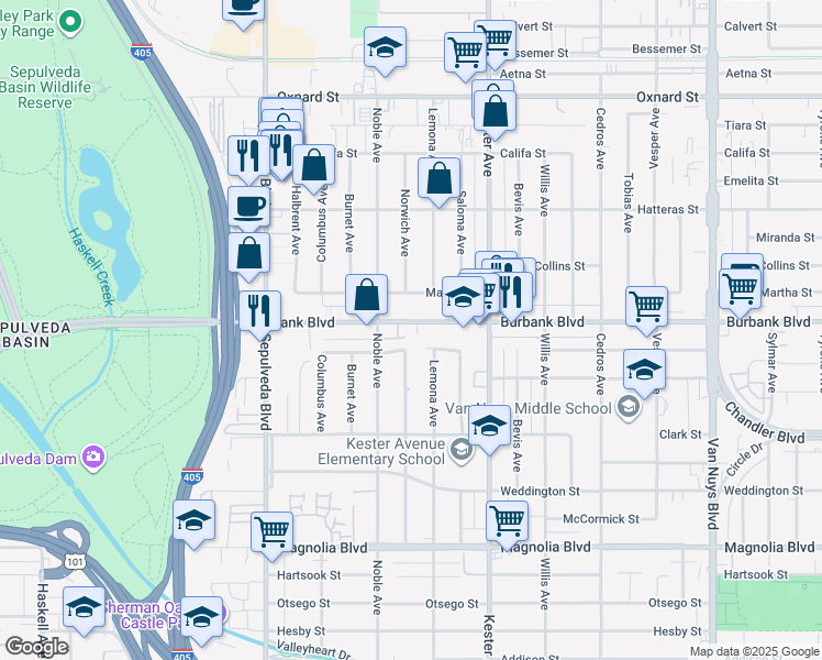 map of restaurants, bars, coffee shops, grocery stores, and more near 15020 Burbank Boulevard in Los Angeles
