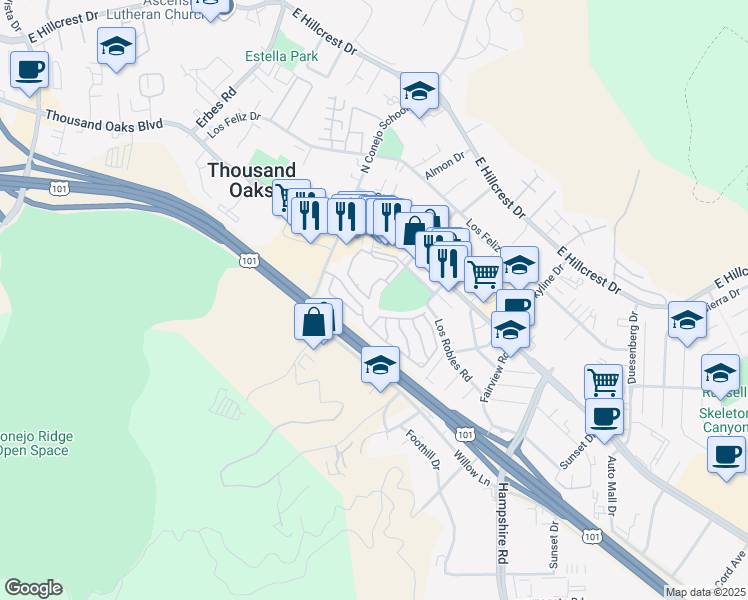 map of restaurants, bars, coffee shops, grocery stores, and more near 2426 Pleasant Way in Thousand Oaks