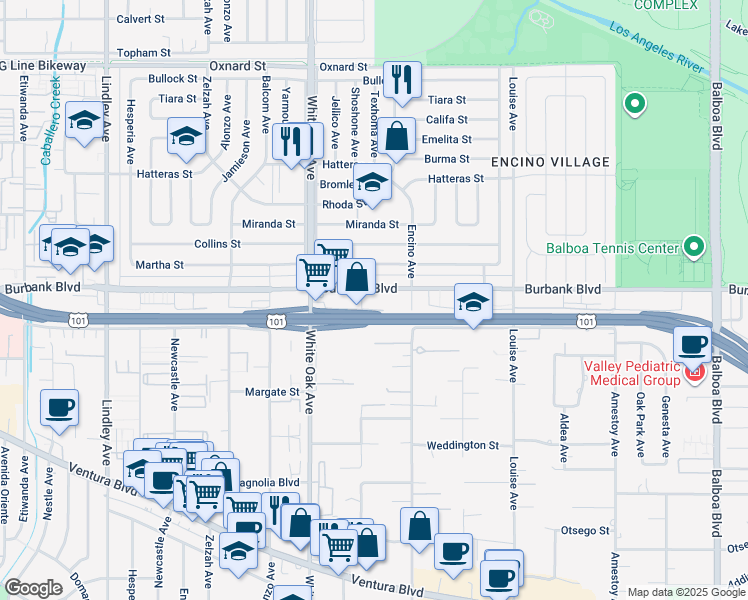 map of restaurants, bars, coffee shops, grocery stores, and more near 17550 Burbank Boulevard in Los Angeles
