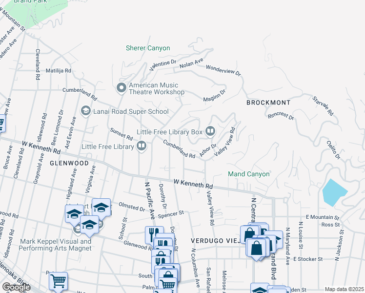 map of restaurants, bars, coffee shops, grocery stores, and more near 359 Cumberland Road in Glendale