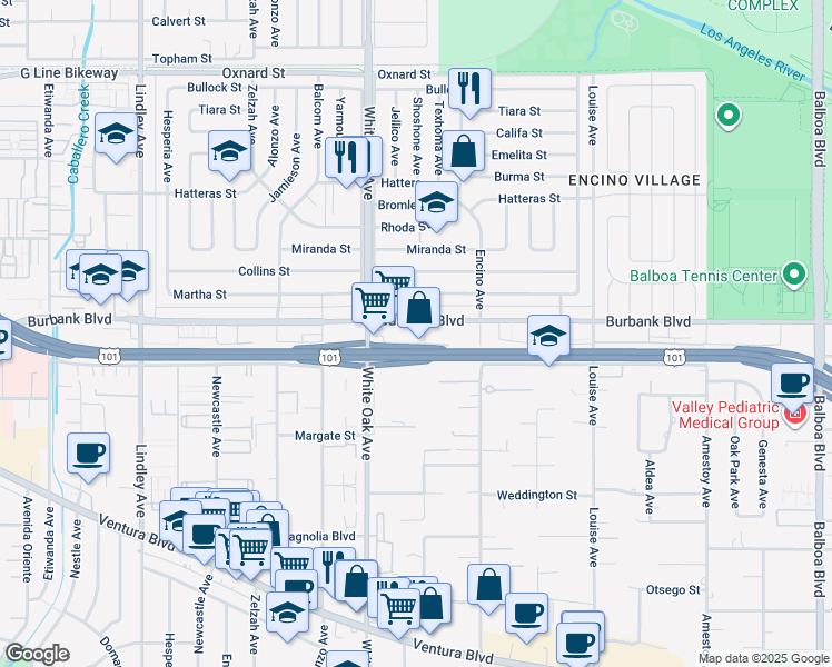 map of restaurants, bars, coffee shops, grocery stores, and more near 17600 Burbank Boulevard in Los Angeles